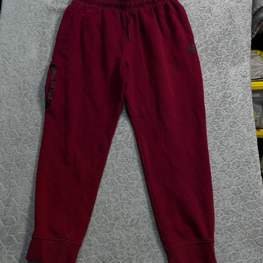 Reebok Burgundy Jogger Sweatpants Cargo Pocket Drawstring Comfort Size Large